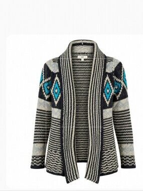 Pink Republic Chunky Knit Cardigan XL Boho Tan Black Turquoise Open Front